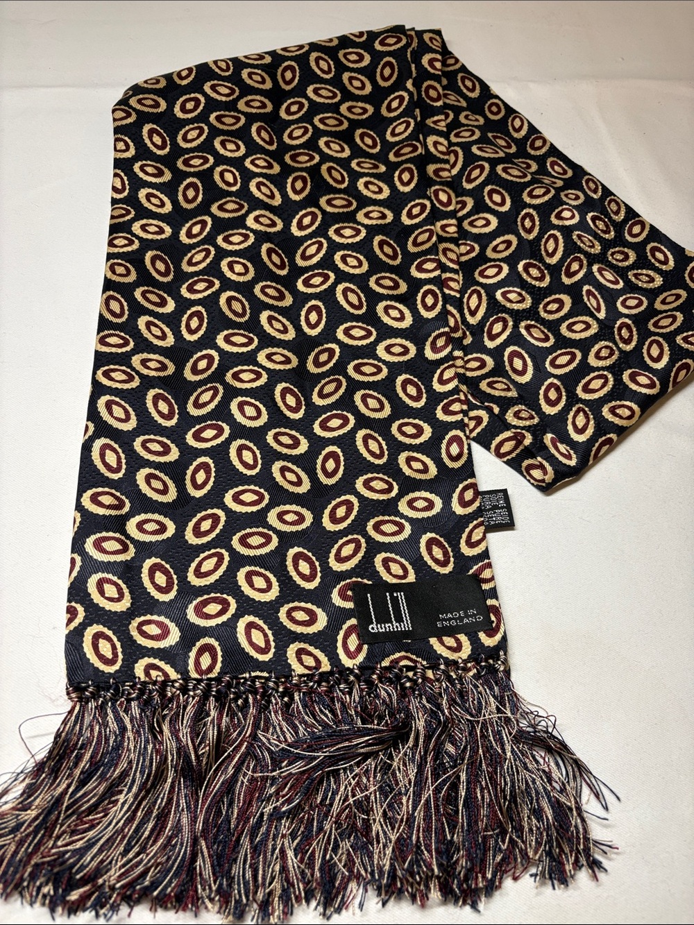 Dunhill Navy/Burgundy/Tan Silk Micro Texture fringed Dress Scarf 12” x52”
